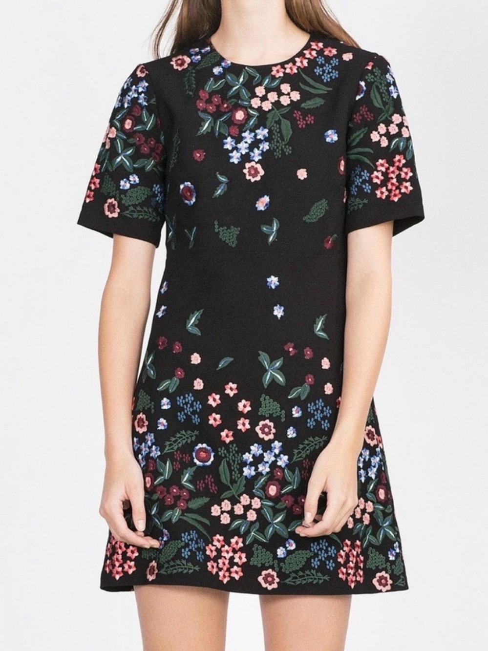 Zara Black Floral A-Line Dress with Pink, Blue and Green Flowers